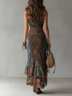Runa - Ethnic Print One-Shoulder High Slit Maxi Dress