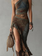 Runa - Ethnic Print One-Shoulder High Slit Maxi Dress