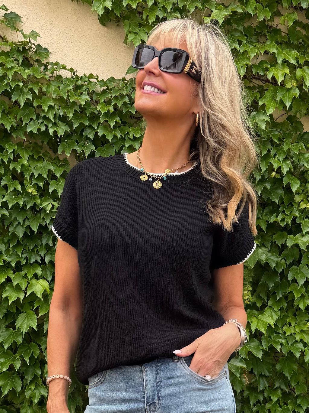 Soft Cotton Blend Top With Contrast Stitching | T350