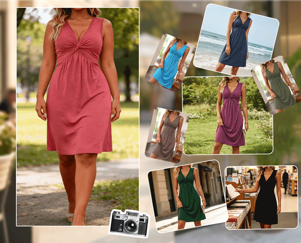 Quenby - Deep V-Neck Knot Waist A-Line Dress