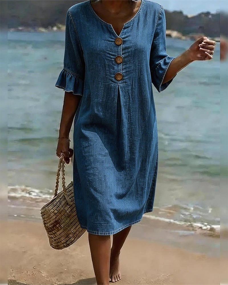 Mila - Ruffle Sleeve Denim A-Line Dress with Button Detail