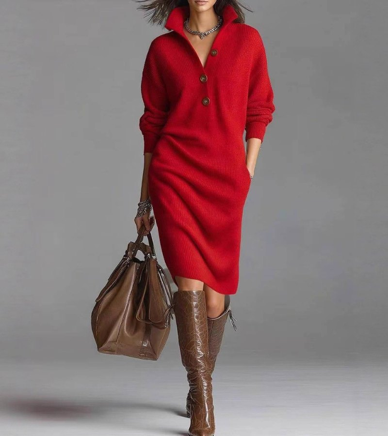 Verity – Soft Knit Midi Dress with Buttons
