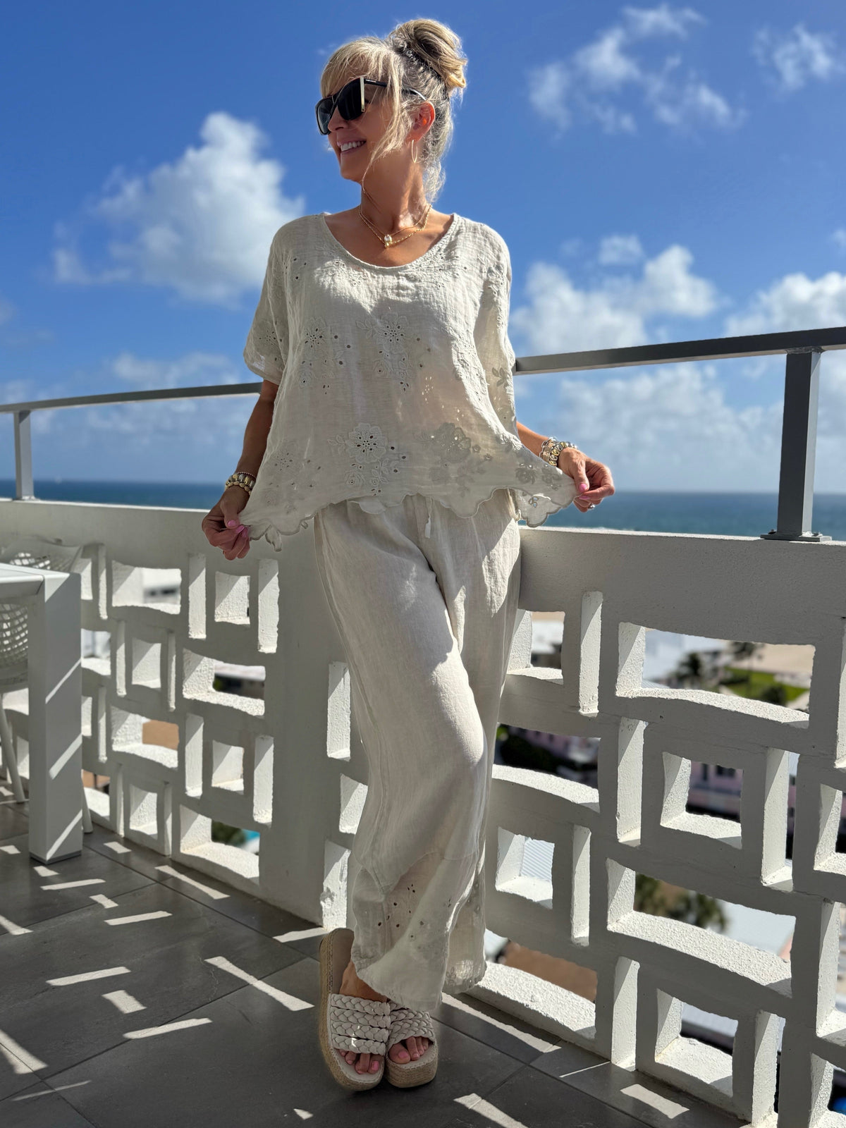 100% Linen Eyelet Detail Pant | PA268