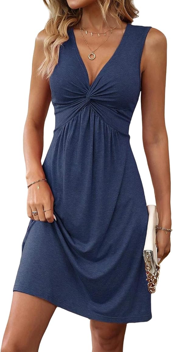 Quenby - Deep V-Neck Knot Waist A-Line Dress