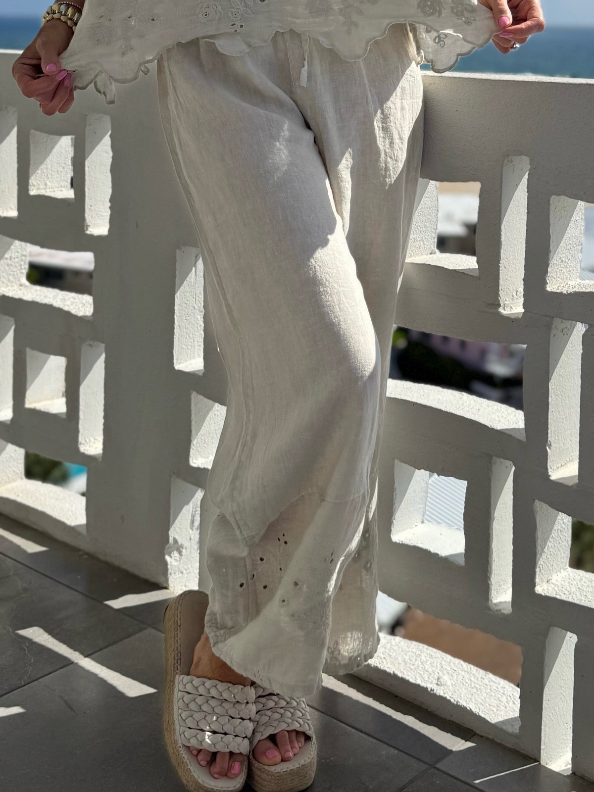 100% Linen Eyelet Detail Pant | PA268