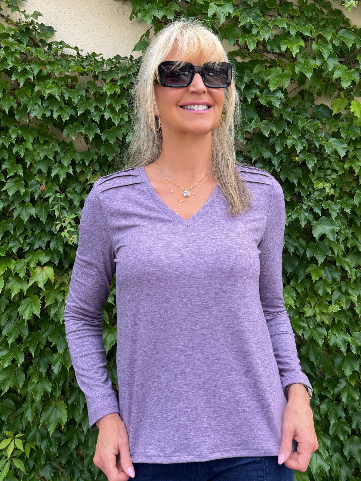 Beyond Basic V-Neck Top With Pleats On Shoulder | T355