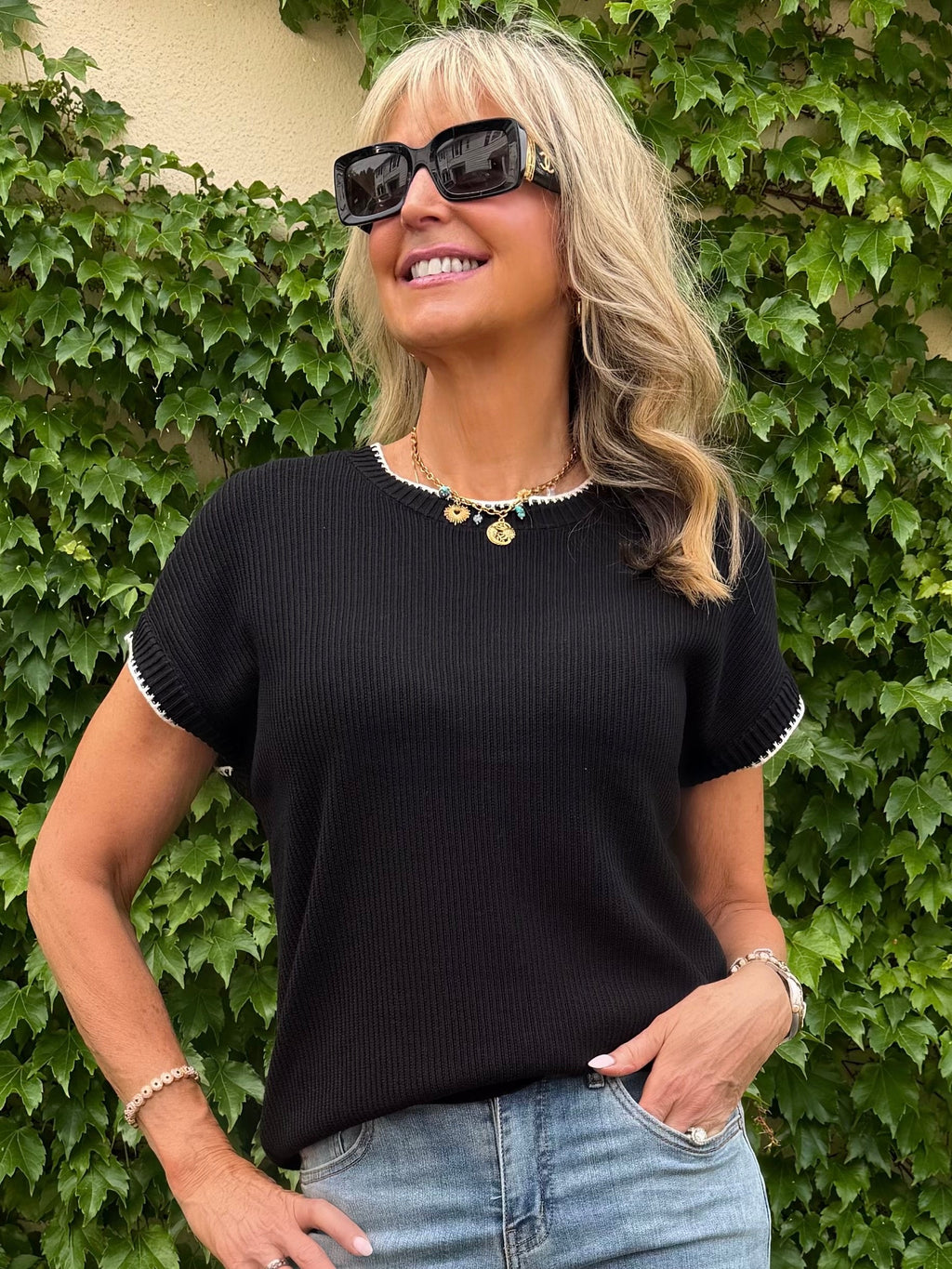 Soft Cotton Blend Top With Contrast Stitching | T350