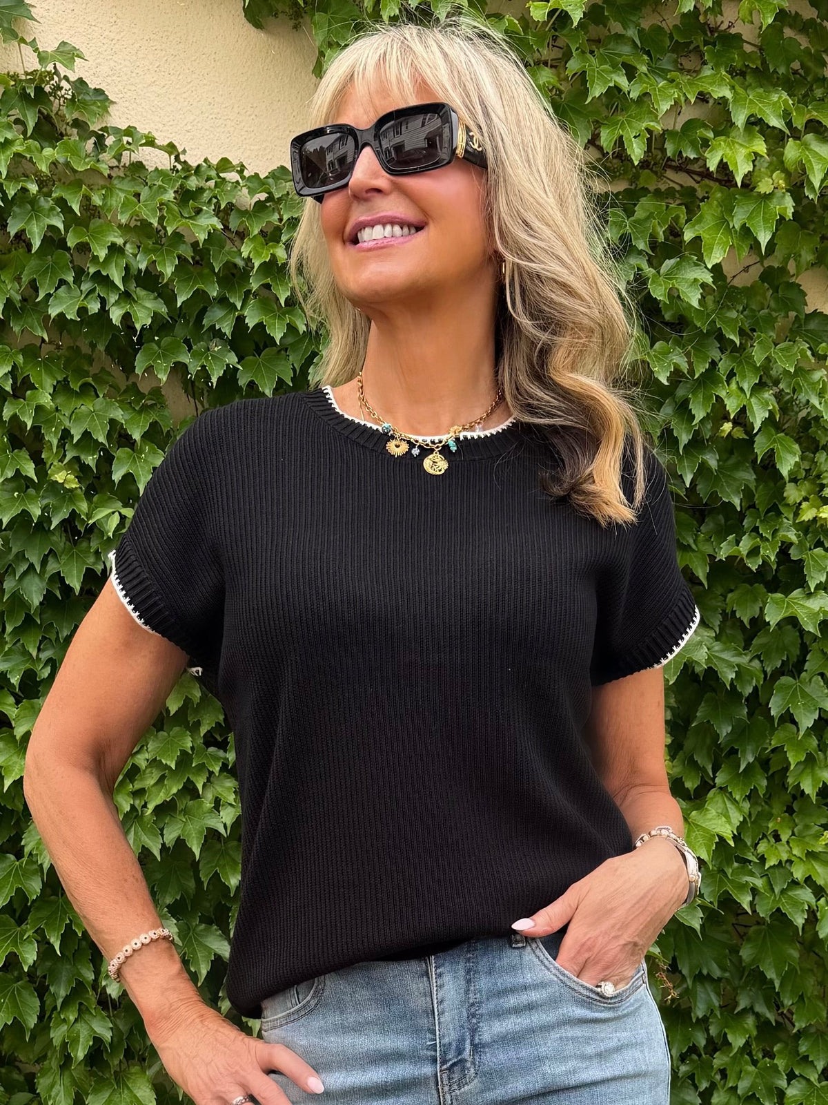 Soft Cotton Blend Top With Contrast Stitching | T350