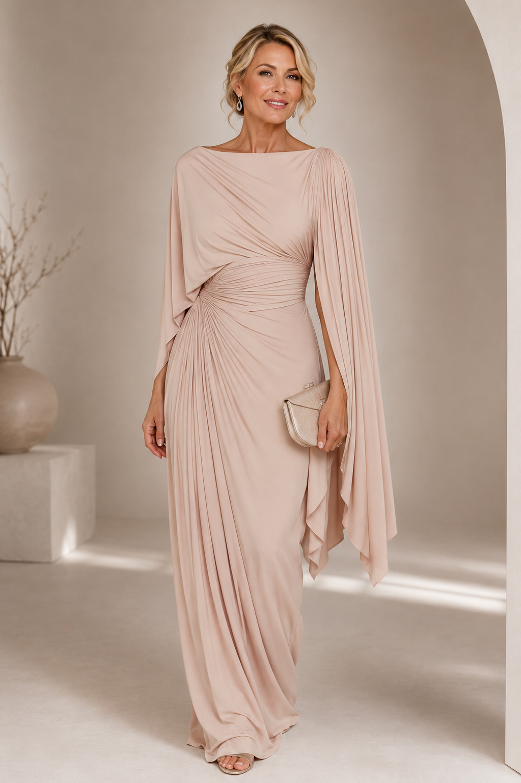 Romina - Pleated Cape Sleeve Maxi Dress