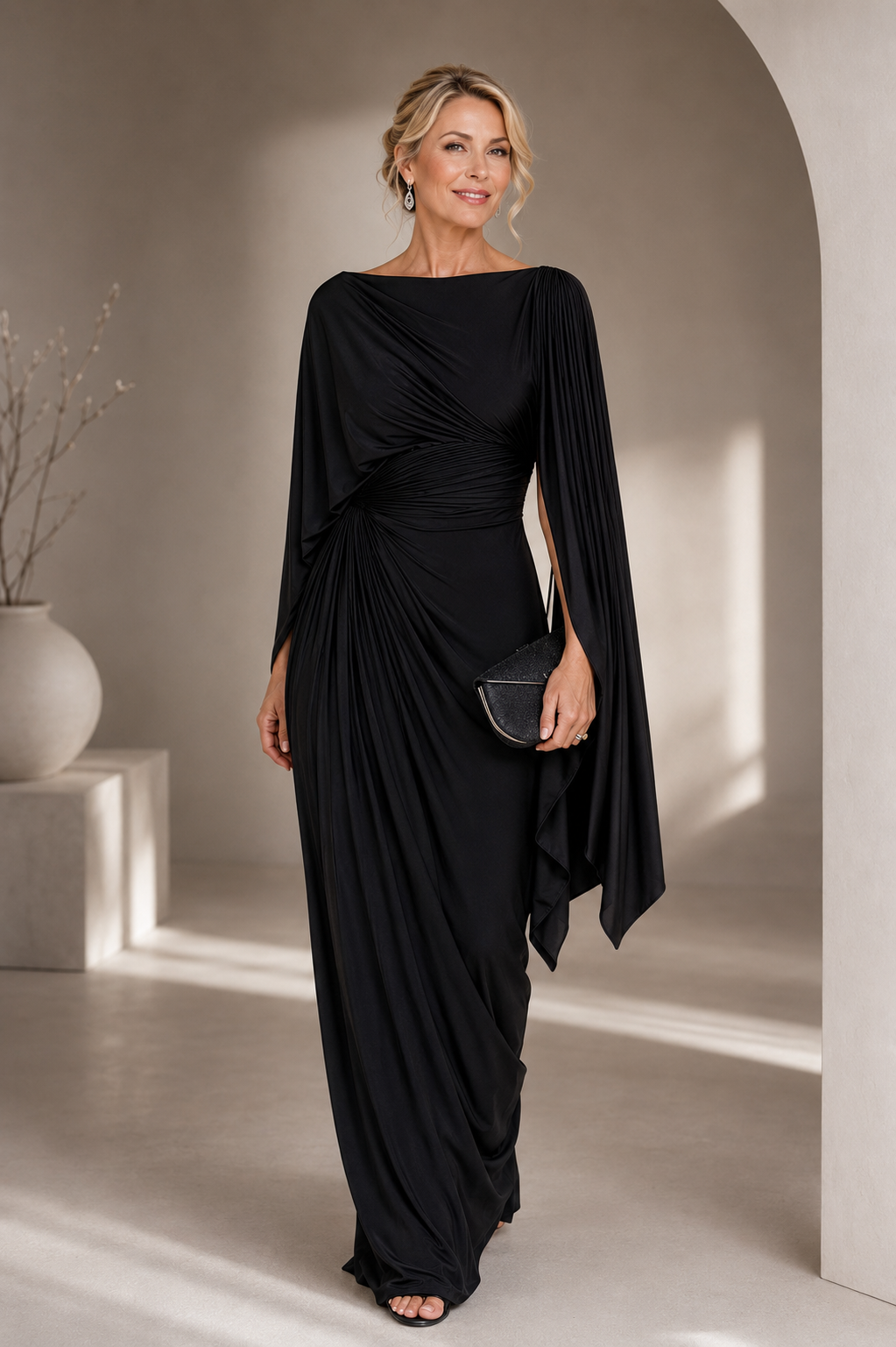 Romina - Pleated Cape Sleeve Maxi Dress