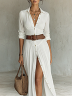 Nessa - Pleated Maxi Dress with Notched Collar