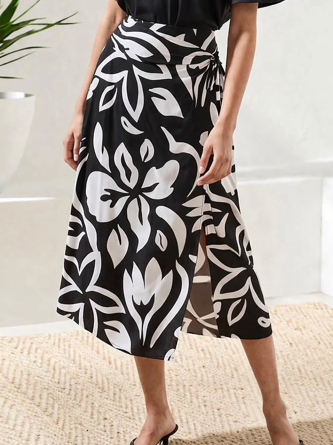 Printed Wrap-Front Pull-On Midi Skirt | SK224