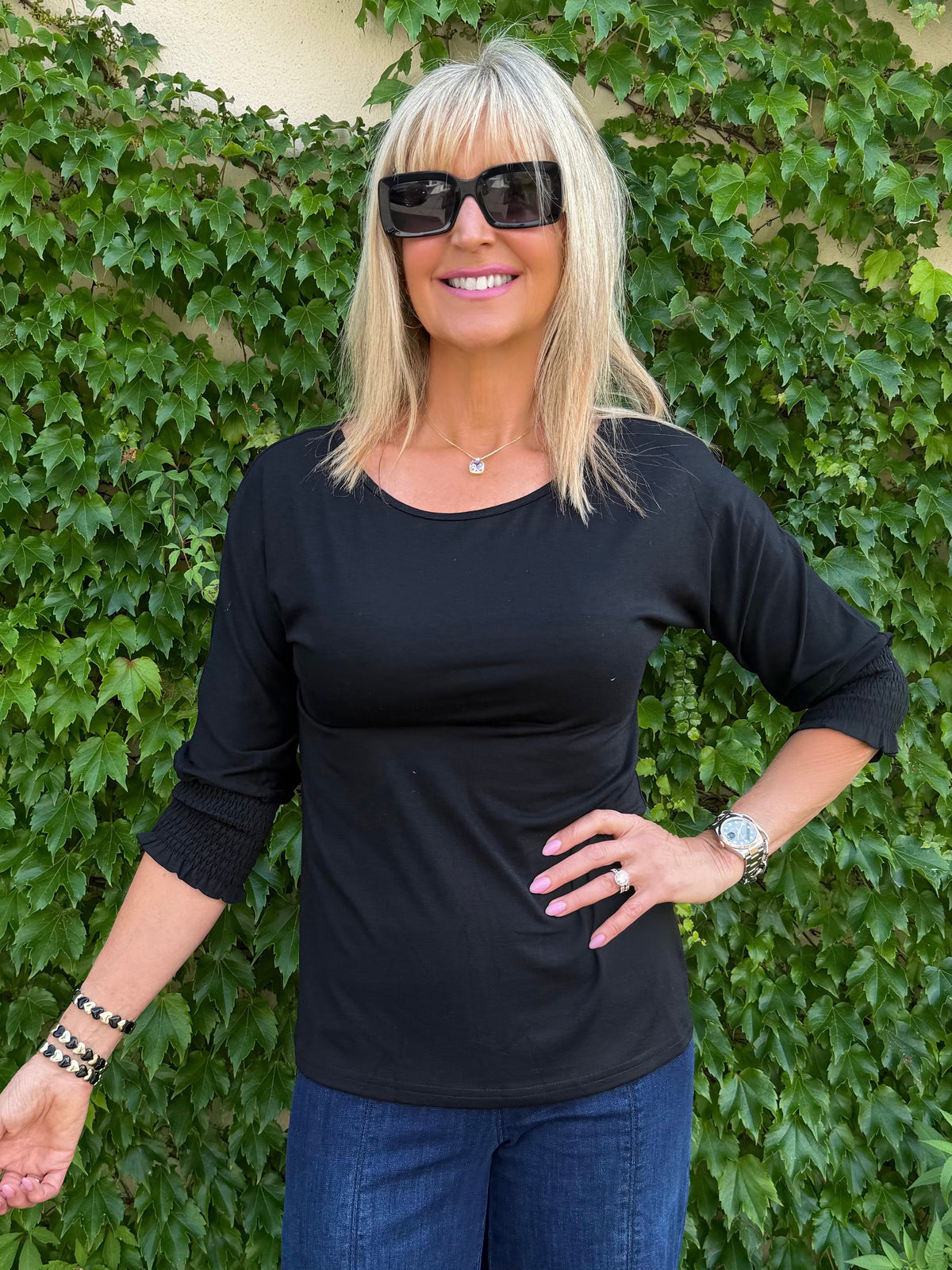 Beyond Basic Top With Ruching On Sleeve | T356