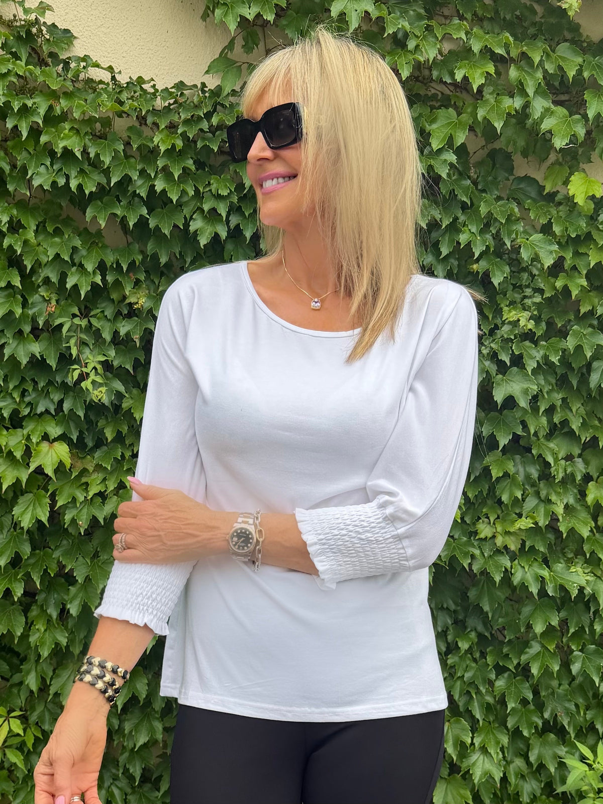 Beyond Basic Top With Ruching On Sleeve | T356