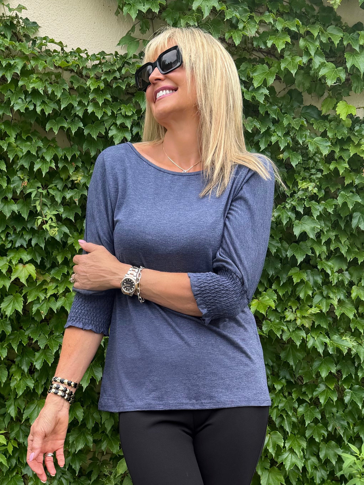 Beyond Basic Top With Ruching On Sleeve | T356