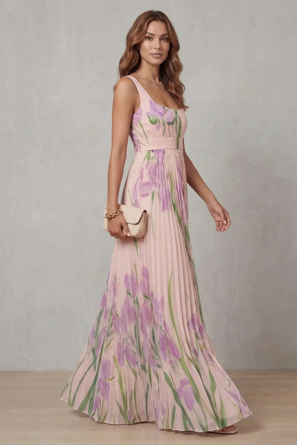 Vivien - Watercolour Floral Pleated Maxi Dress