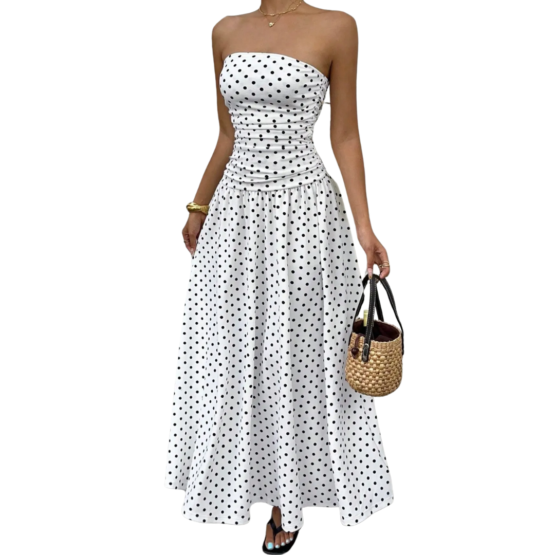 Maelle – Polka Dot Strapless Maxi Dress