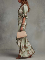Gracie - Flowy Floral Satin Midi Dress