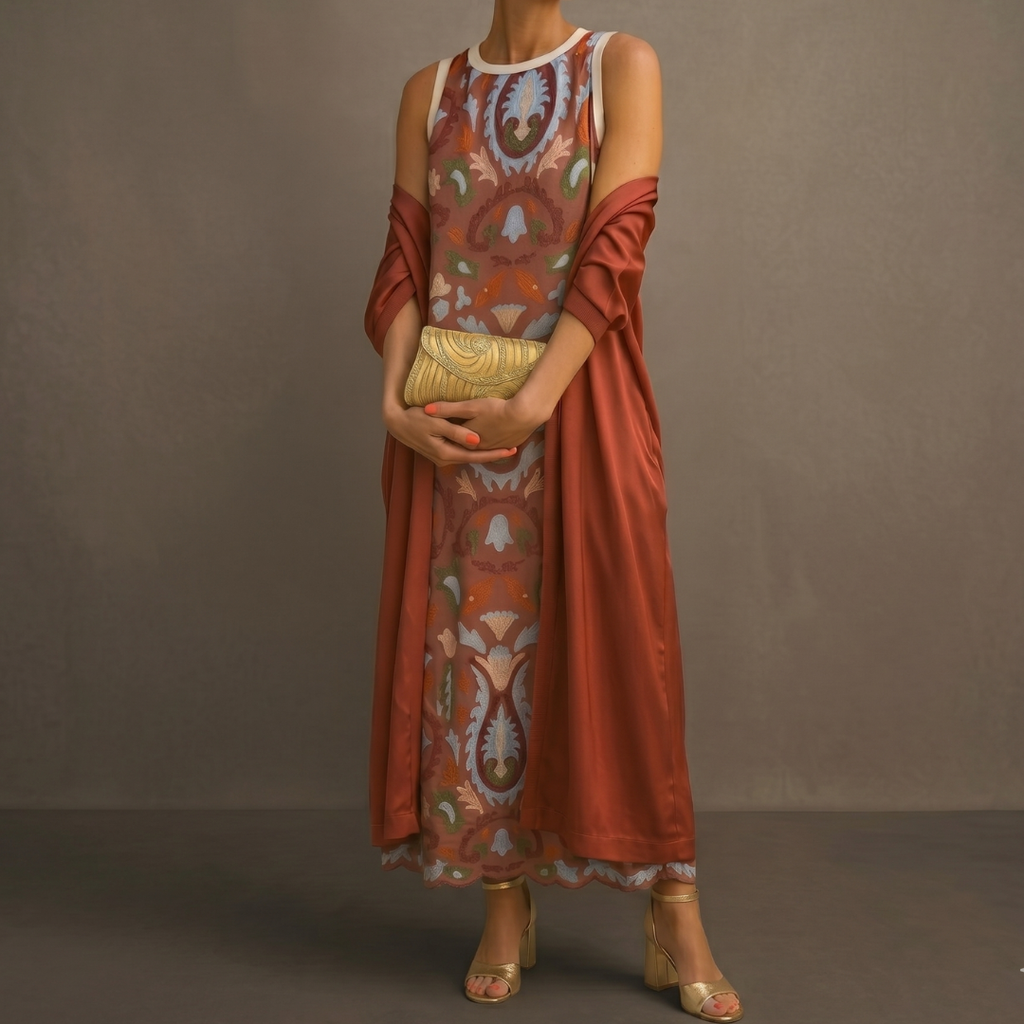 Daniella - Long Printed Dress with Coordinated Waistcoat