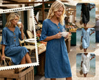Mila - Ruffle Sleeve Denim A-Line Dress with Button Detail
