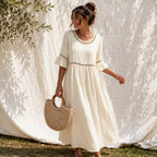 Raeven - Lightweight Midi Dress with Lace Cut-Out Details and Flutter Sleeves